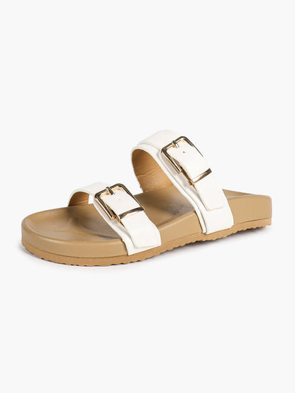 White Double-Buckle Platform Slide Sandals with Gold-Tone Hardware