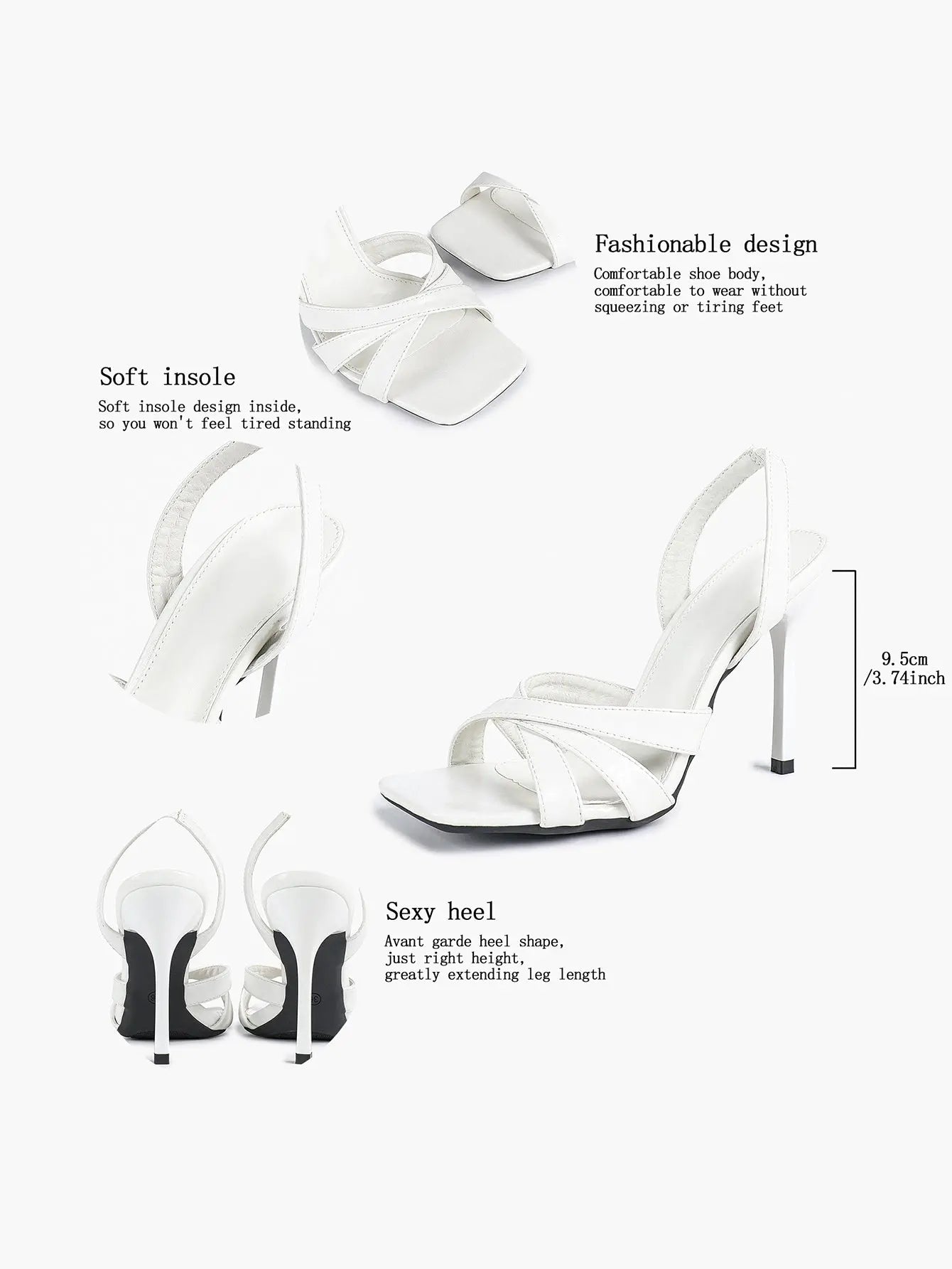 Women's White Leather Square-Toe Stiletto Heels Slingback Heels 3.74 Inch Cross-Strap Stiletto Sandals YISHIFAN