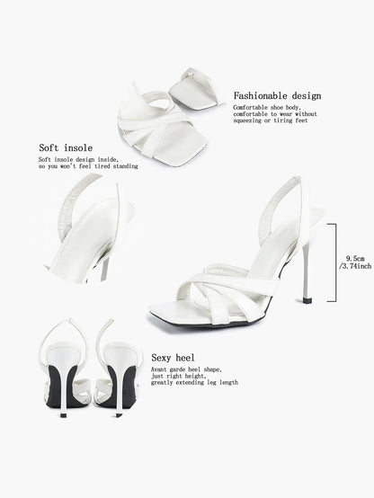 Women's White Leather Square-Toe Stiletto Heels Slingback Heels 3.74 Inch Cross-Strap Stiletto Sandals YISHIFAN