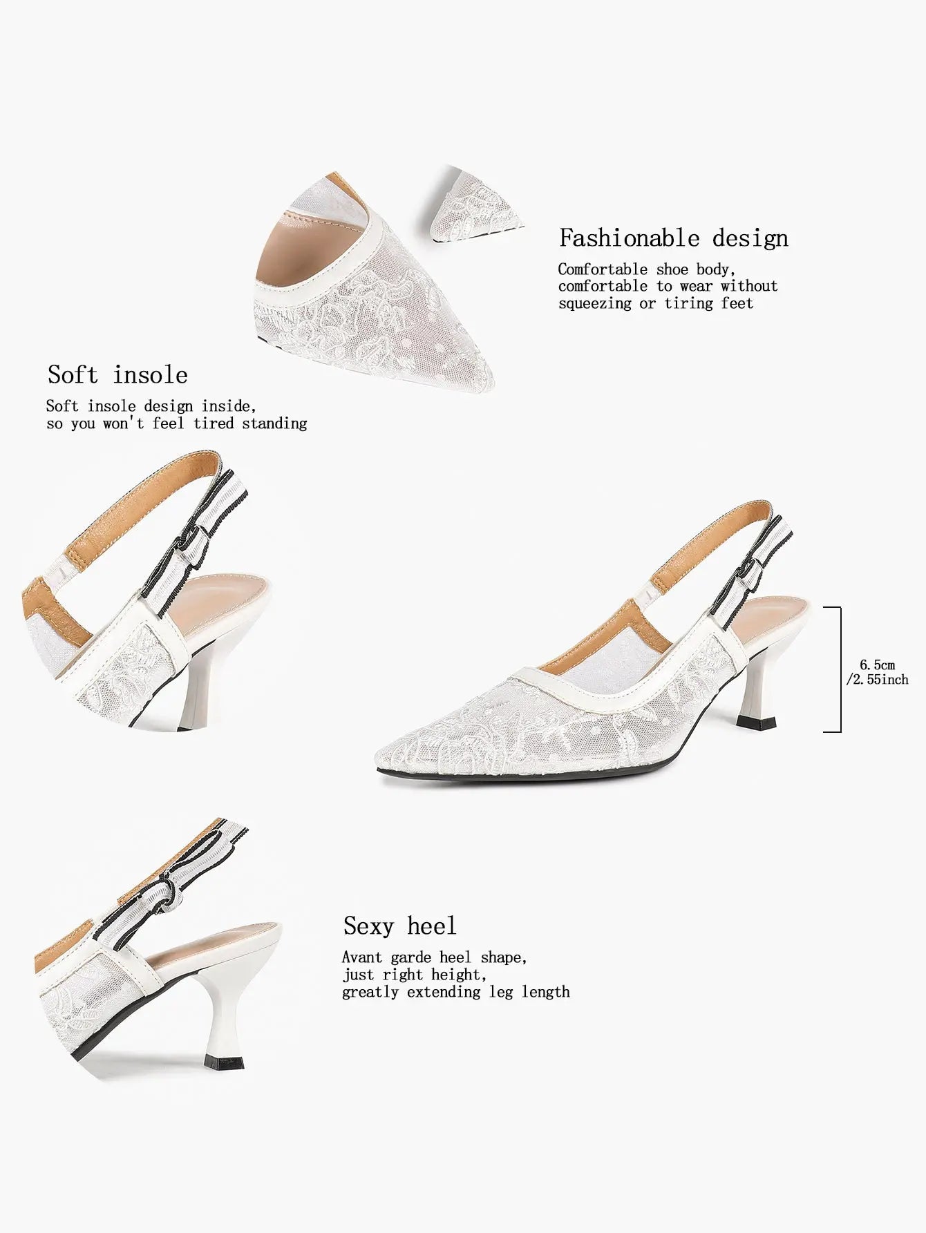 White Floral Embroidery Slingback Kitten Heels – Women's Pointed Toe Goblet Heel YISHIFAN