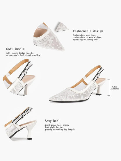 White Floral Embroidery Slingback Kitten Heels – Women's Pointed Toe Goblet Heel YISHIFAN