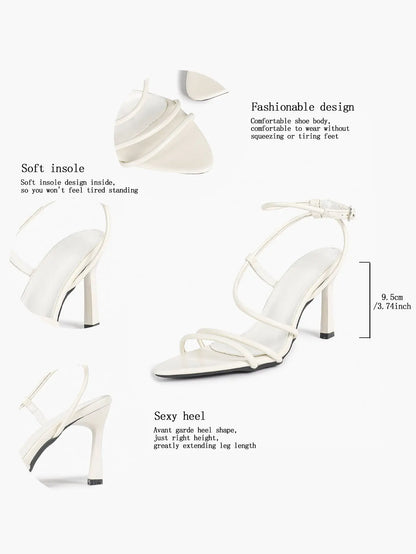 Cognac Multi-Strap Square Toe Stiletto Sandals – Women’s Tubular Toe Strap Ankle Strap Heels YISHIFAN