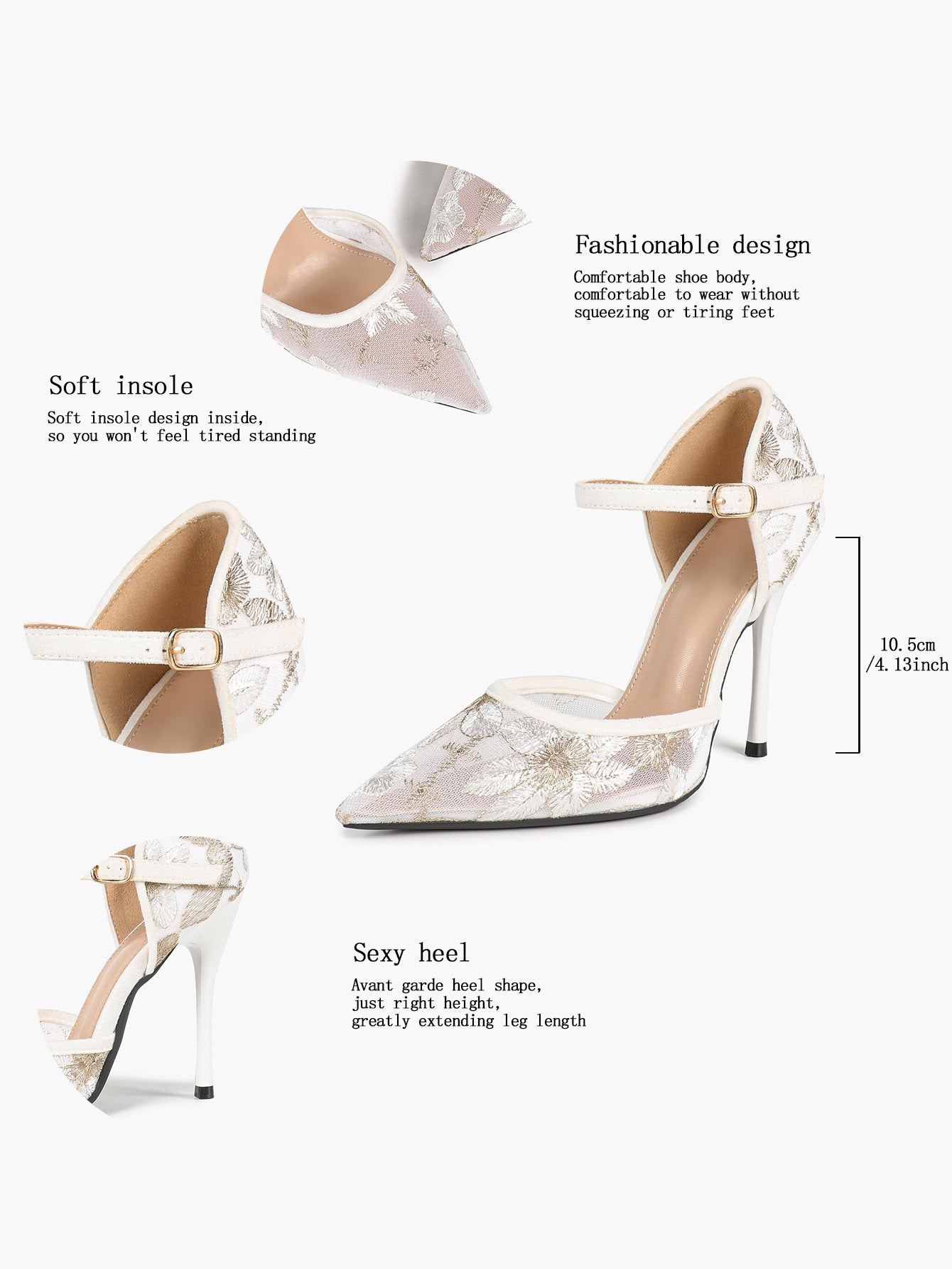 Sparkly Lace Pointed Toe Heels - 4.13" Ankle Strap Pumps with Non-Slip Sole