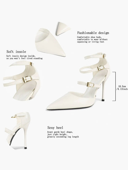 Cream Triple Ankle Strap Stiletto Pumps – Women’s Pointed Toe Cage Heel High Heels YISHIFAN