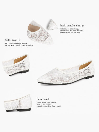 White Daisy Lace Sheer Mesh Pointed Toe Flats – Women's See-Through Bridal Ballet Flat with Caramel Footbed YISHIFAN