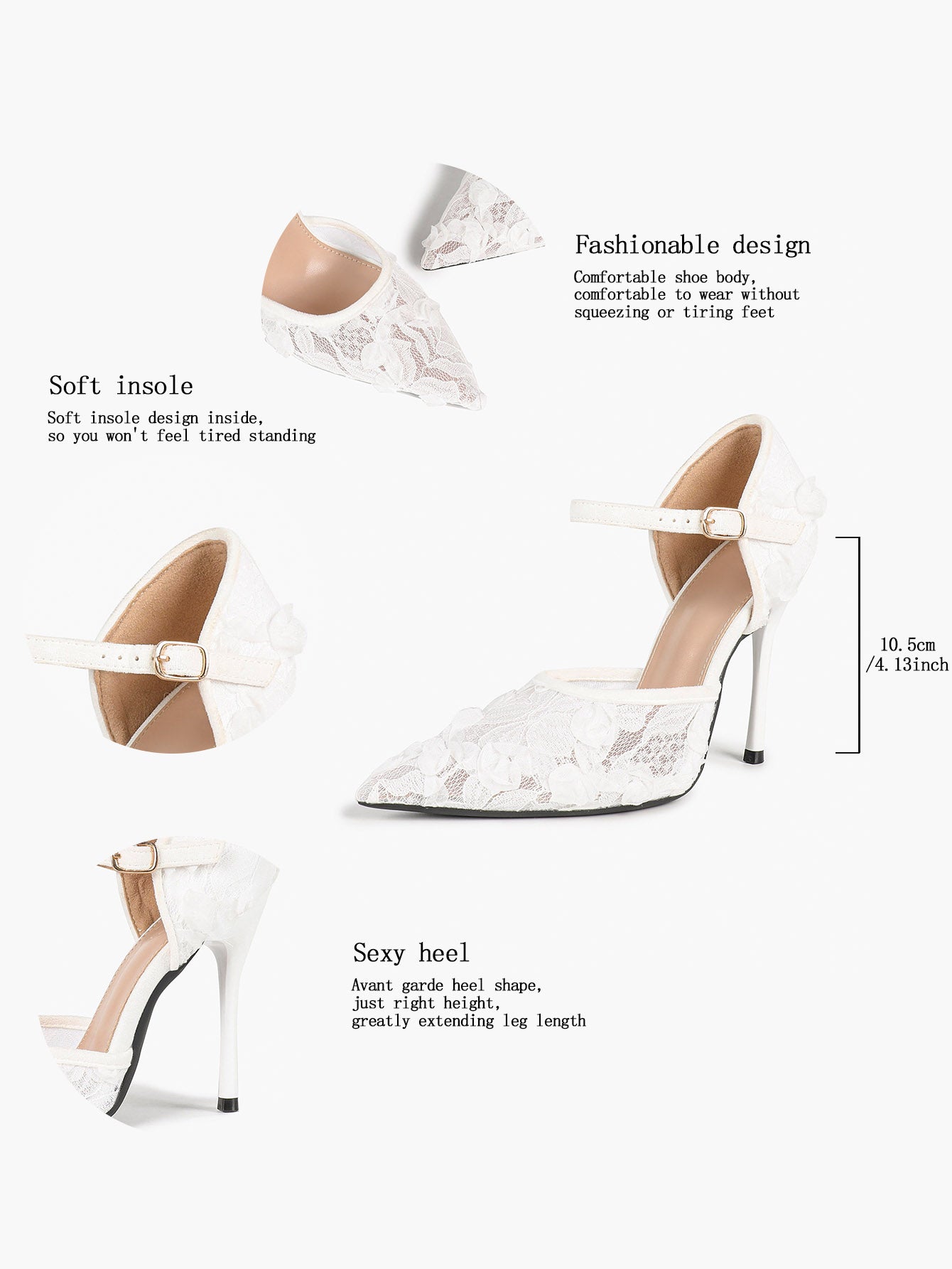 Chic White 3D Lace Stiletto Pumps - Pointed Toe Ankle Strap Heels with Floral Appliqué