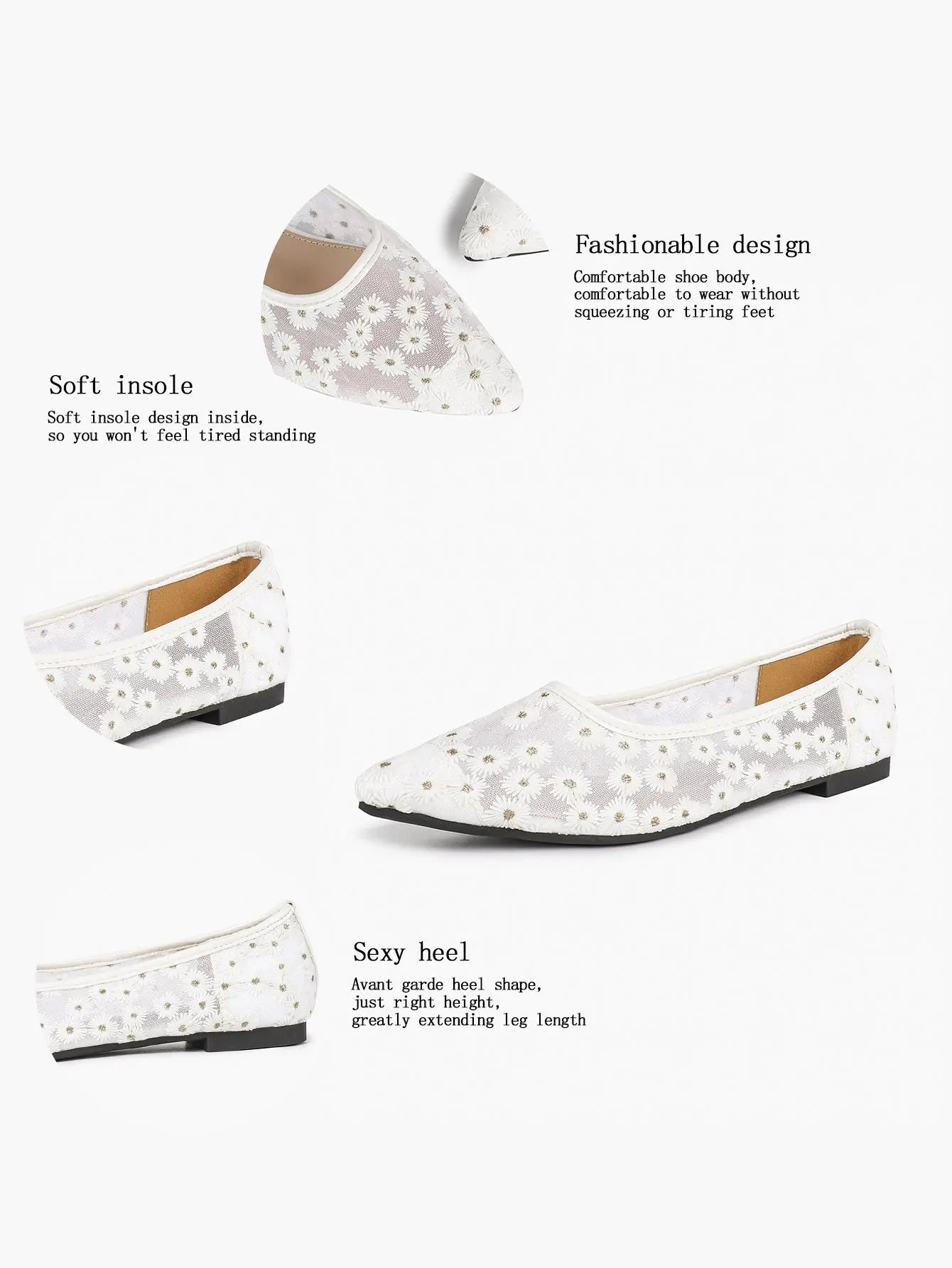 Black Floral Lace & Gold Star Embroidery Mesh Pointed Toe Flats – Women's Night-Sky Ballet Flat YISHIFAN