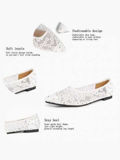 Black Floral Lace & Gold Star Embroidery Mesh Pointed Toe Flats – Women's Night-Sky Ballet Flat YISHIFAN