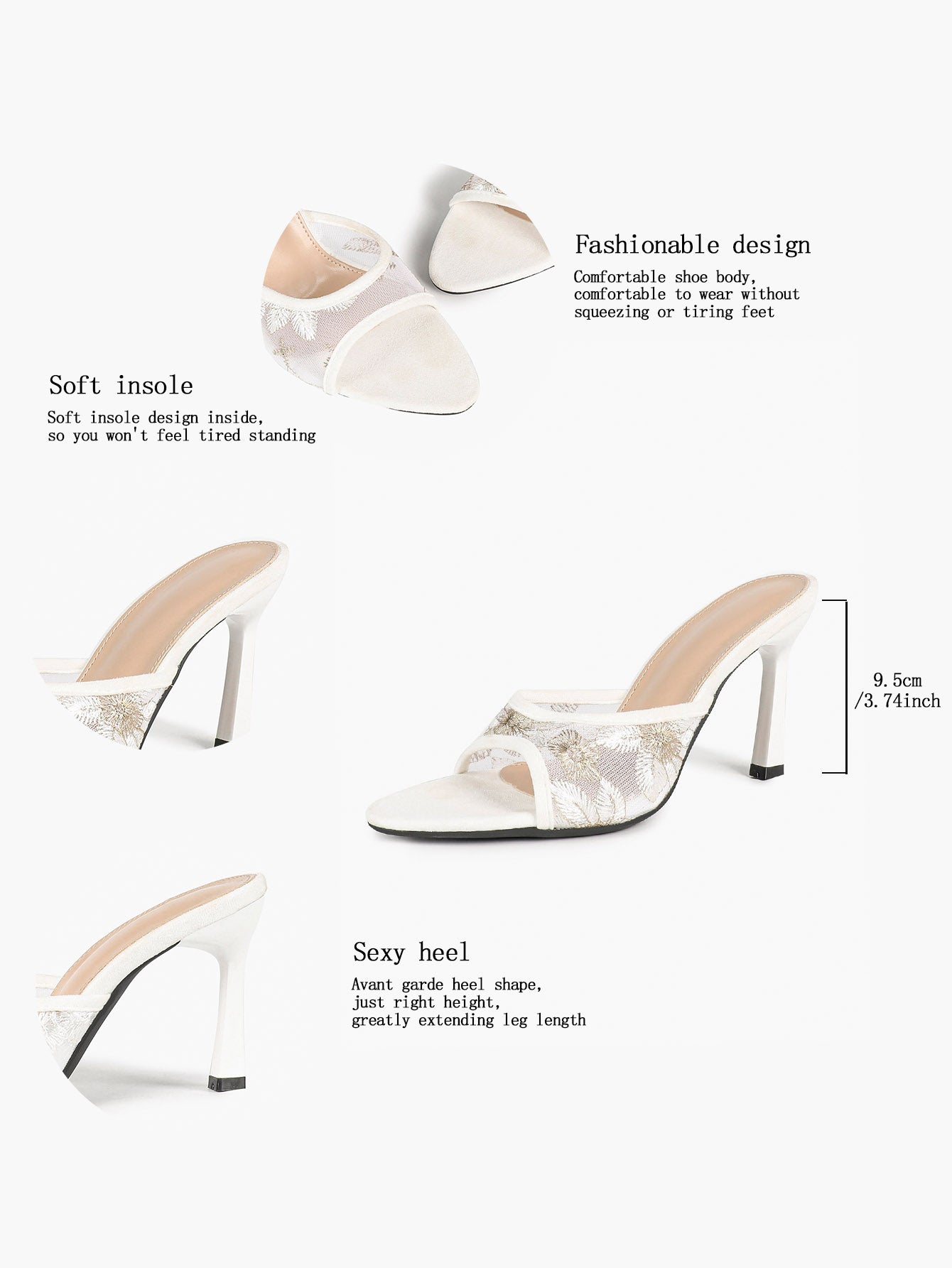 Beige Glitter Mesh Floral Embroidery Stiletto Mules Open Toe Slip-On Evening Party Club Shoes