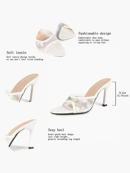 Beige Glitter Mesh Floral Embroidery Stiletto Mules Open Toe Slip-On Evening Party Club Shoes