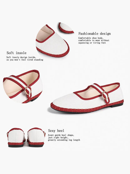 Black-White Grid Mary Jane Flats: Red Accents, Avant-Garde Heel & All-Day Retro Charm YISHIFAN