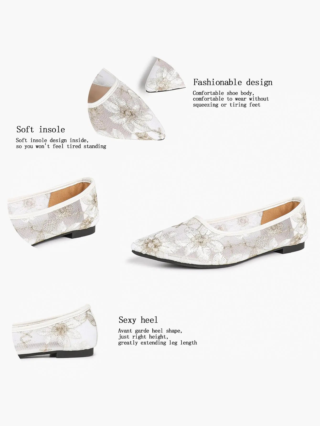 White & Gold Chrysanthemum Embroidery Mesh Pointed Toe Flats – Women's Metallic Floral Ballet Flat YISHIFAN