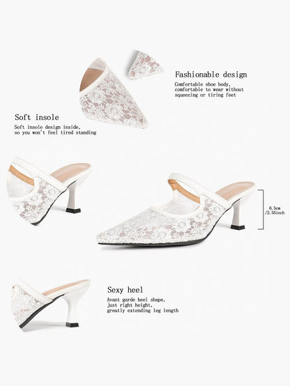 Black Floral Lace Mary Jane Kitten Heel Mules – Women's Pointed Toe Goblet Heel Slip-On YISHIFAN