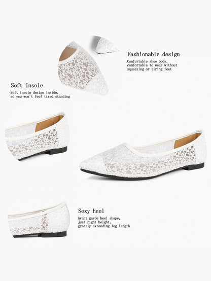 White Floral Lace Mesh Pointed Toe Flats – Women's Sheer Ballet Flat with 3D Bouquet Lace & Caramel Footbed YISHIFAN