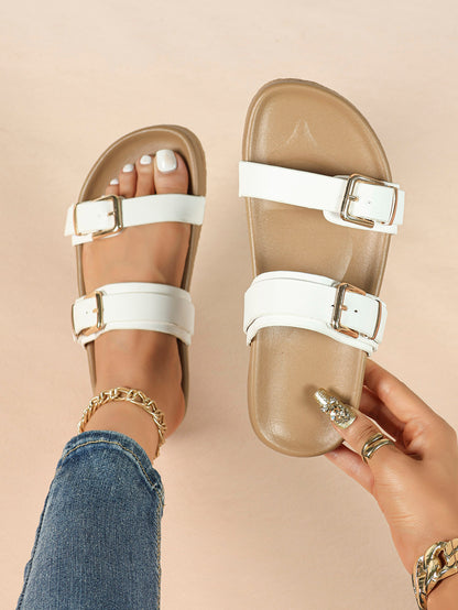 White Double-Buckle Platform Slide Sandals with Gold-Tone Hardware