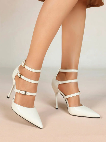 Cream Triple Ankle Strap Stiletto Pumps – Women’s Pointed Toe Cage Heel High Heels YISHIFAN