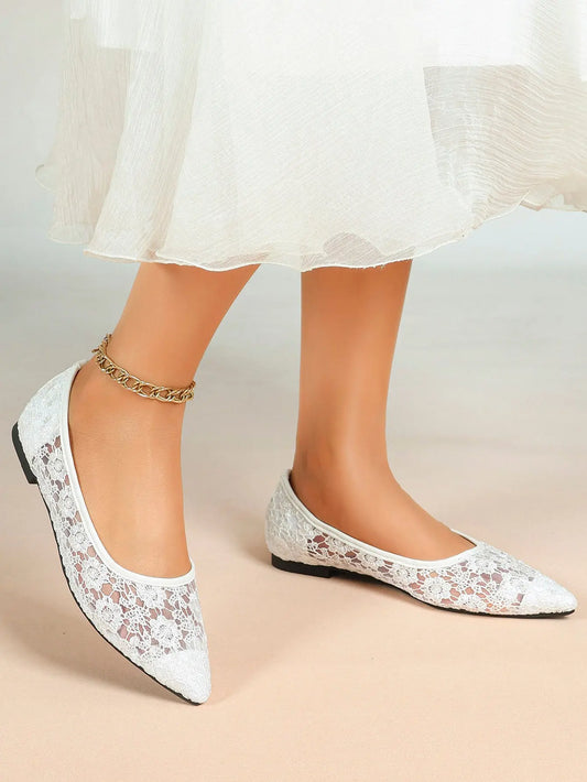 White Daisy Lace Sheer Mesh Pointed Toe Flats – Women's See-Through Bridal Ballet Flat with Caramel Footbed YISHIFAN