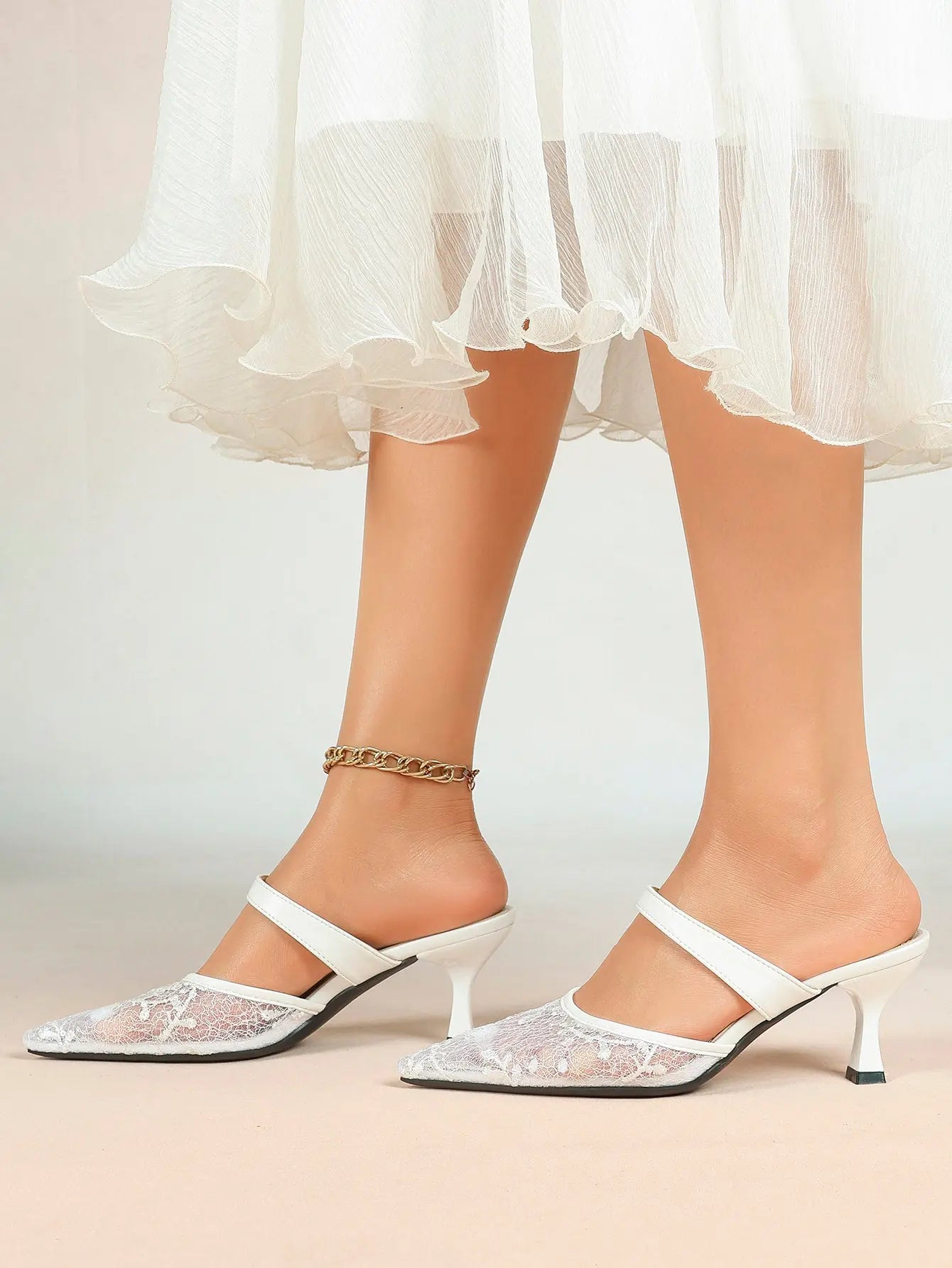 Black Sequin Lace Double Strap Kitten Heel  – Women's Pointed Toe Goblet Heel Slip-On YISHIFAN