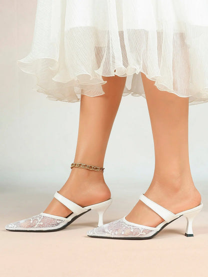 Black Sequin Lace Double Strap Kitten Heel  – Women's Pointed Toe Goblet Heel Slip-On YISHIFAN