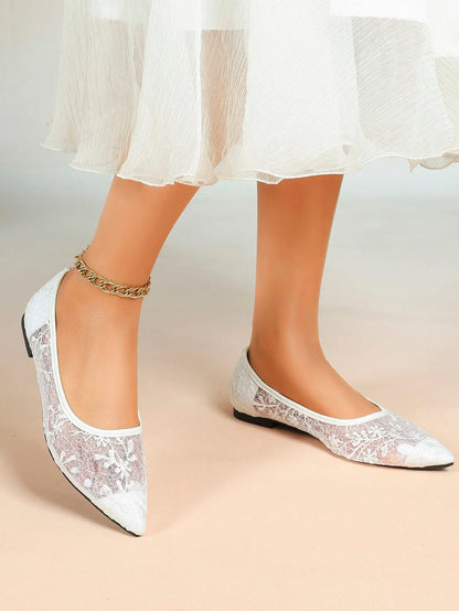 Wine Red Sequin Lace Mesh Pointed Toe Flats – Women's Floral Embroidery Ballet Flat with Iridescent Shimmer YISHIFAN