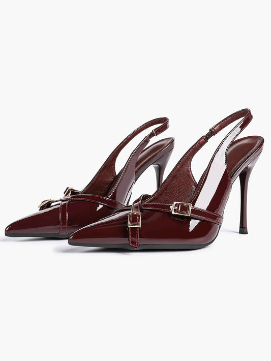 Women's Wine Red Patent Leather High-Heel Pointed Toe Ankle Strap Stiletto Heels Wedding Party Dress Shoes YISHIFAN