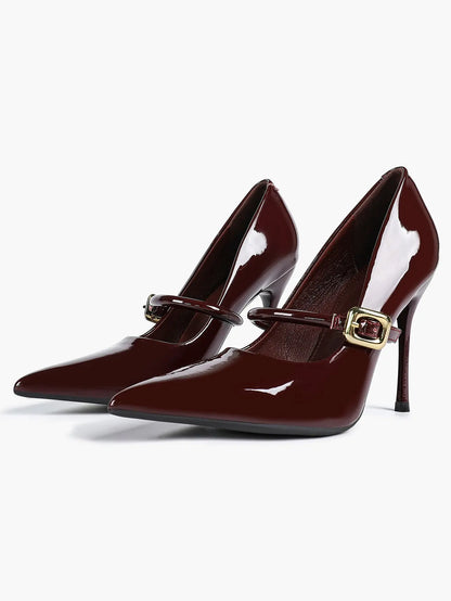 Women's Leather Stiletto Heels 4.13 Inch Pointed Toe Strap Pumps Shoes with Buckle for Casual Office YISHIFAN