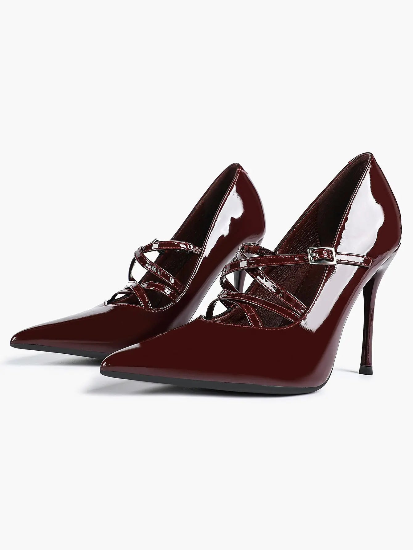 Burgundy Leather Stiletto Heels Sharp Pointed Toe Cross Strap Pump 4.13 INCH for Party Wedding Shoes YISHIFAN