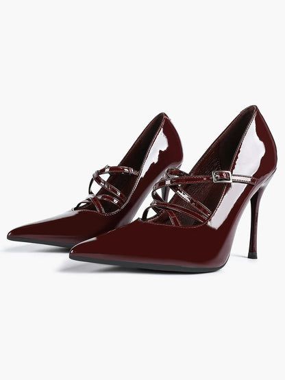 Burgundy Leather Stiletto Heels Sharp Pointed Toe Cross Strap Pump 4.13 INCH for Party Wedding Shoes YISHIFAN