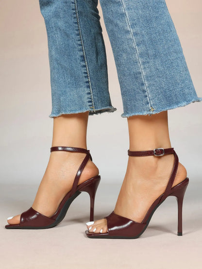 Women's Stiletto Heels 4.13 Inch Square Toe Ankle Strap Sandals Wedding Party Office Dress Shoes YISHIFAN