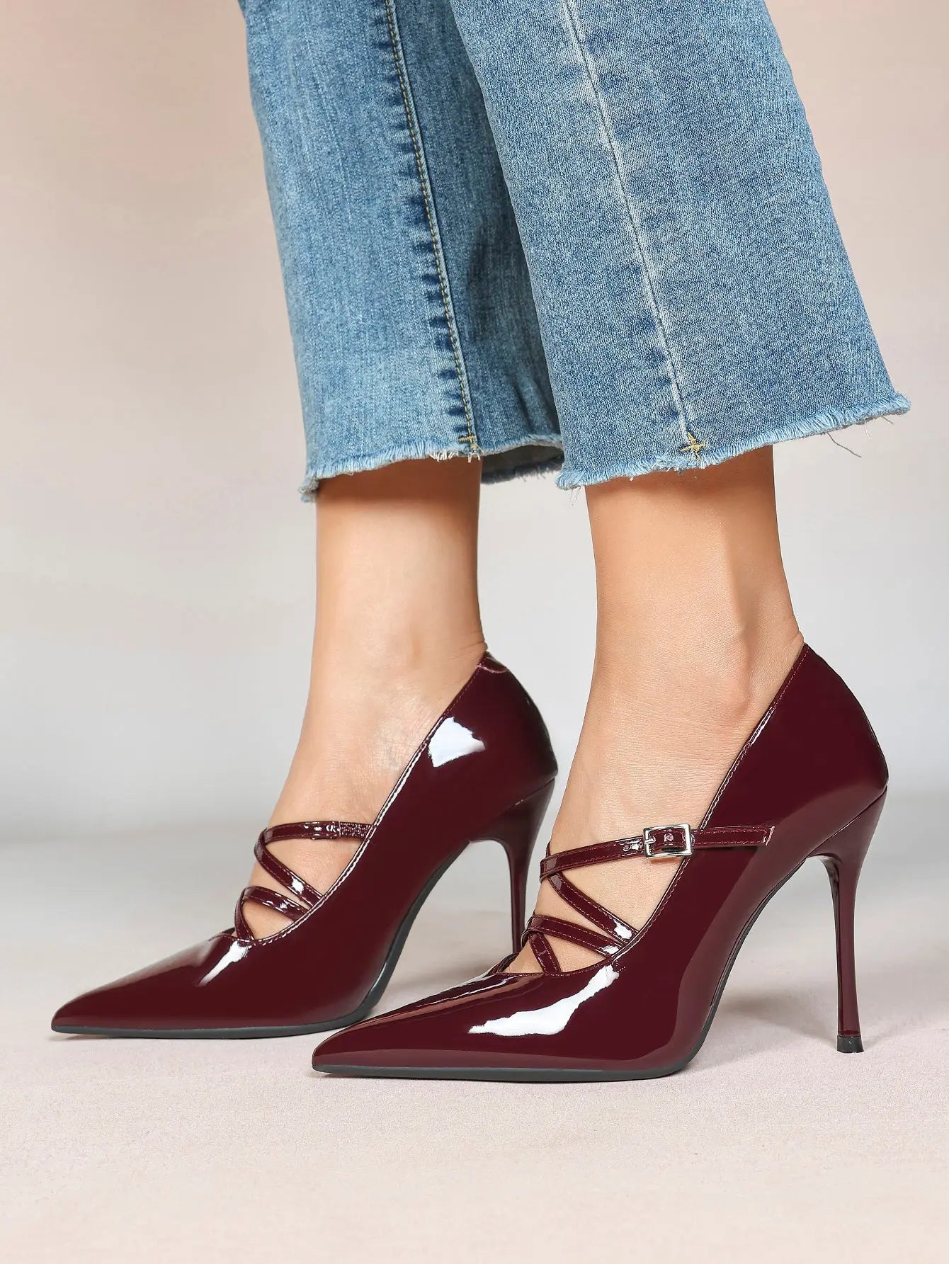 Burgundy Leather Stiletto Heels Sharp Pointed Toe Cross Strap Pump 4.13 INCH for Party Wedding Shoes YISHIFAN