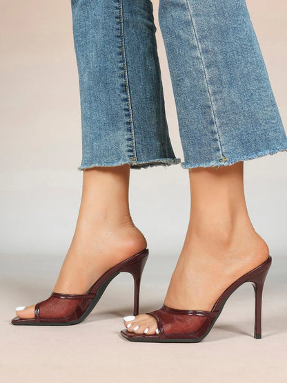Women's Kitten Heels with Open Toe Square  Stiletto Sandals Slip On Mesh Mule Heels for Wedding Party YISHIFAN