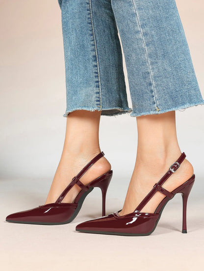 Women's Black Leather High-Heel Sandals Pointed Toe Stiletto Heels Office with for Wedding Party YISHIFAN