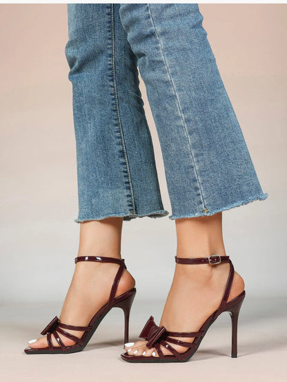 Women's Metallic Silver Open Toe Square Stiletto Sandals Galaxy Bowknot with Ankle Strap for Any Formal Scene YISHIFAN