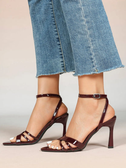 Brown Leather High-Heel Sandals  Cross Strap Stiletto Heels Wedding Party Dress Shoes YISHIFAN