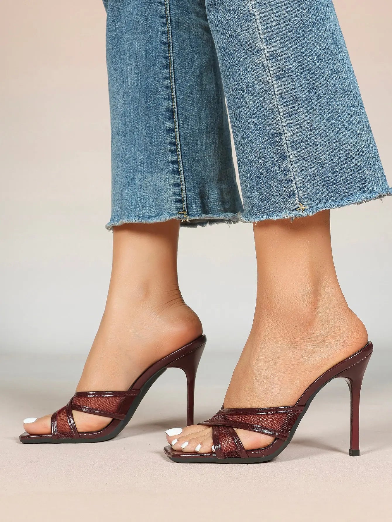 Women's Square Toe Cross Strap High Heel Sandals 3.74 Inch Sexy Stiletto Heels with Soft Insole Comfortable Mesh YISHIFAN