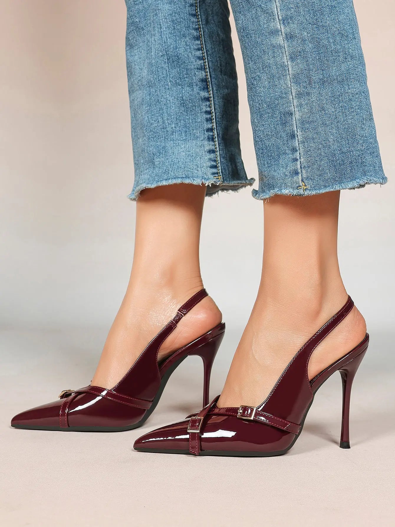 Women's Wine Red Patent Leather High-Heel Pointed Toe Ankle Strap Stiletto Heels Wedding Party Dress Shoes YISHIFAN