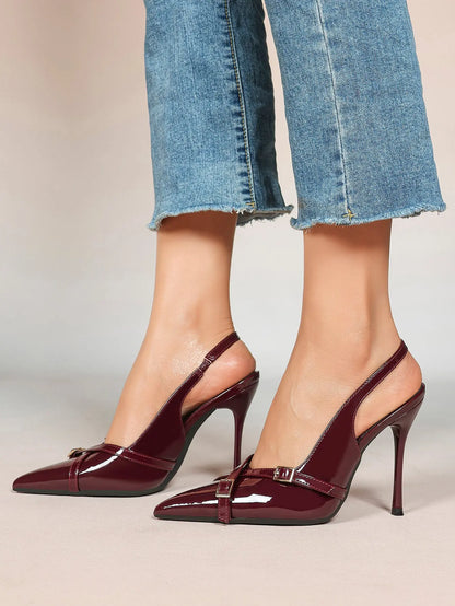 Women's Wine Red Patent Leather High-Heel Pointed Toe Ankle Strap Stiletto Heels Wedding Party Dress Shoes YISHIFAN