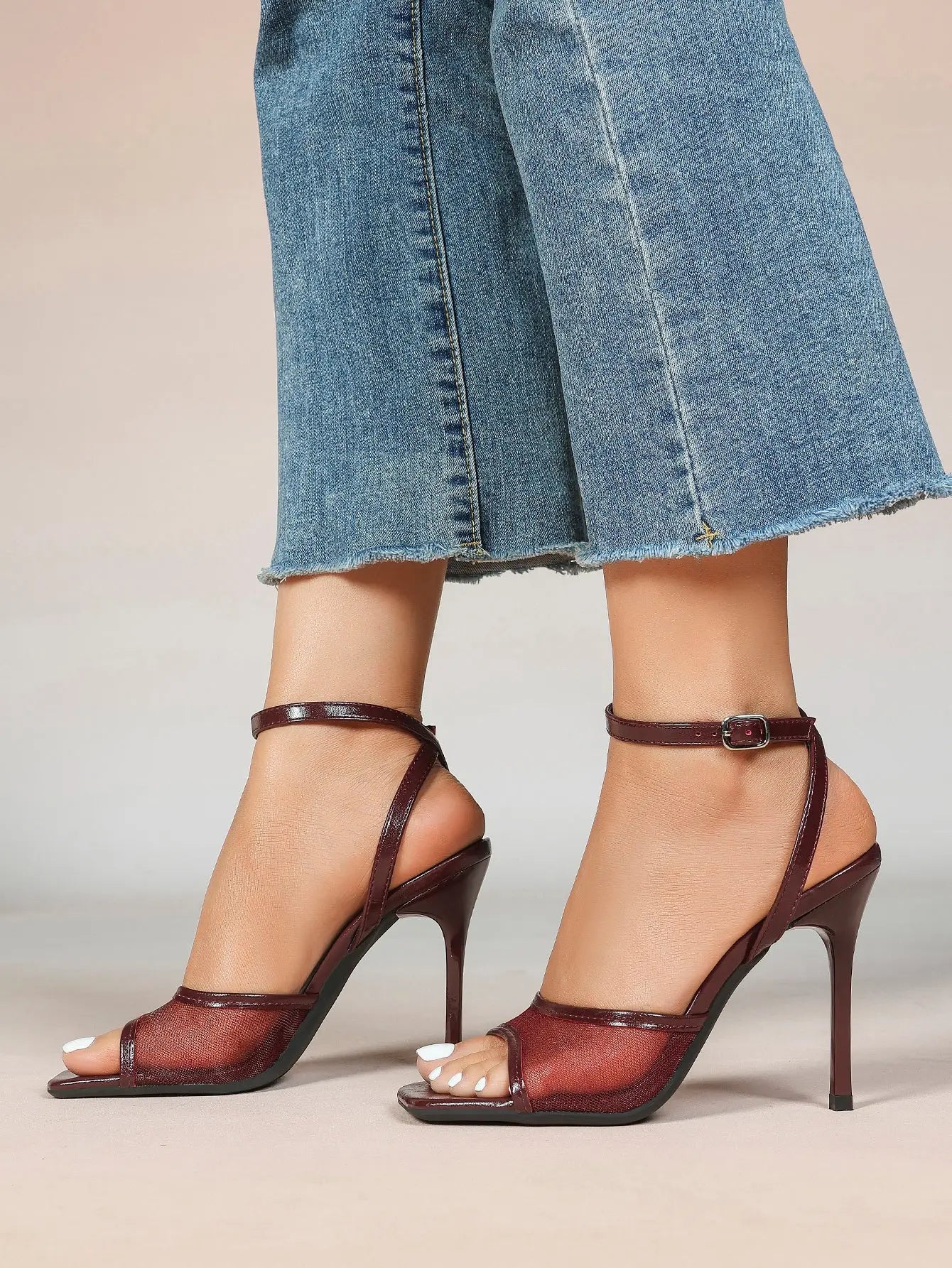 Women's Leather Mesh Ankle Strap Sandals Stiletto Heels Square Toe with 4.13 Inch Heel YISHIFAN