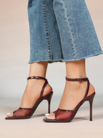Women's Leather Mesh Ankle Strap Sandals Stiletto Heels Square Toe with 4.13 Inch Heel YISHIFAN