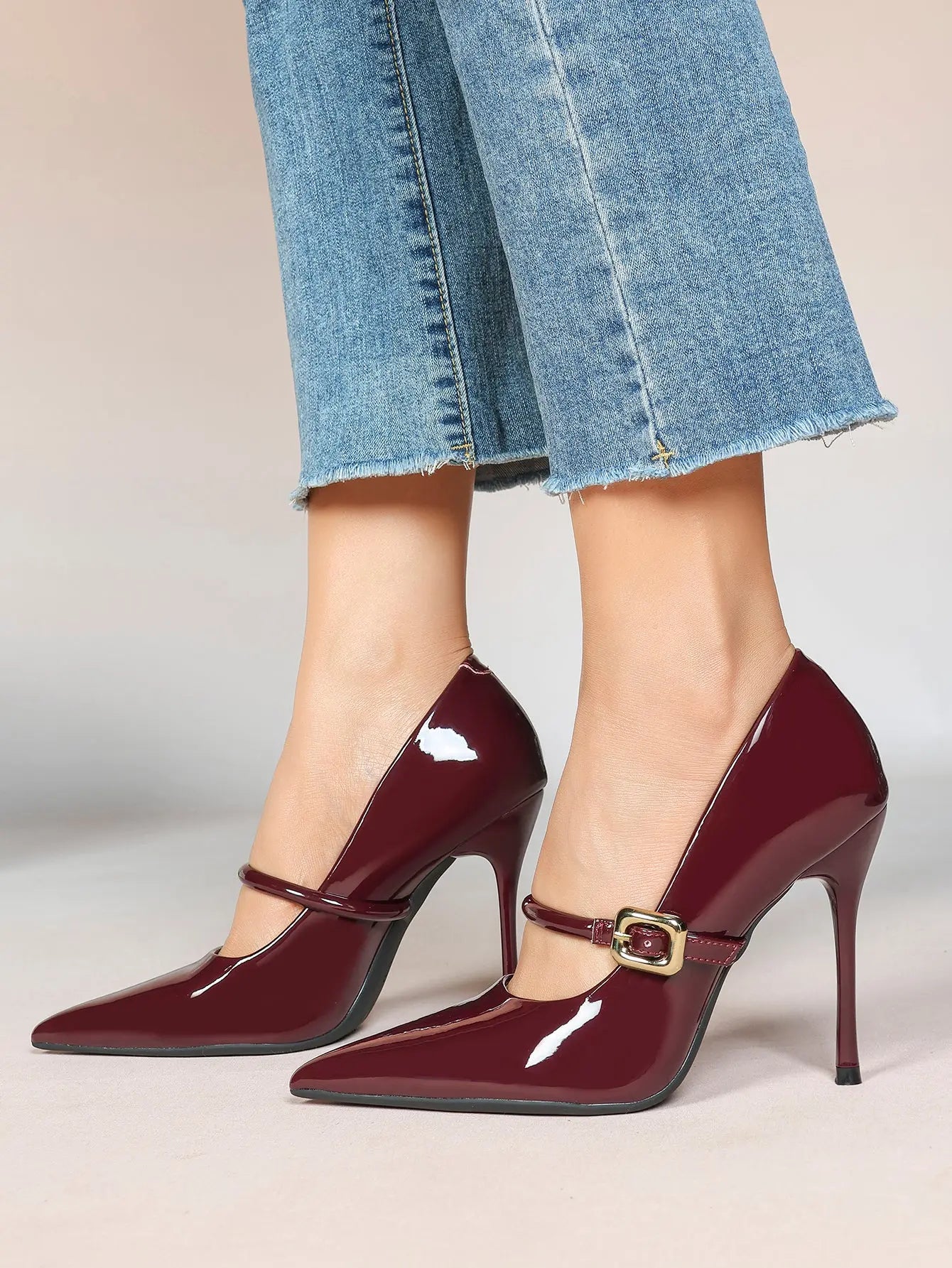 Women's Leather Stiletto Heels 4.13 Inch Pointed Toe Strap Pumps Shoes with Buckle for Casual Office YISHIFAN
