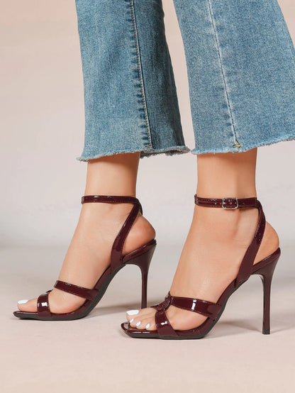 Women's Gold Leather Cross Strap Stiletto Heels 4.13 Inch Square Toe Ankle Strap Sandals YISHIFAN