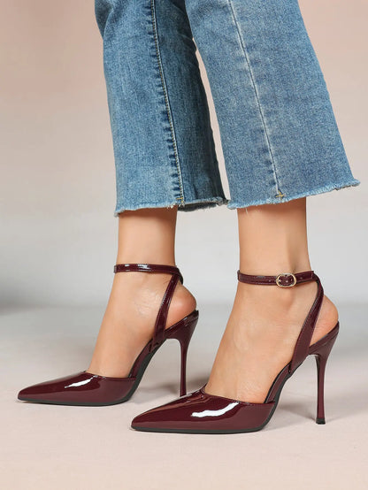 Women's Leather 4.13 INCH High-Heel Stiletto Pointed Toe Slingback Stiletto Heels for Elegant Scene YISHIFAN
