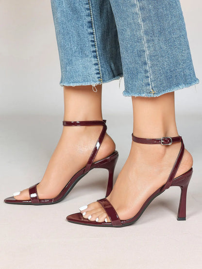 Women Leather High-Heel Sandals Pointed Toe Open Back Stiletto Heels Office Dress Shoes YISHIFAN