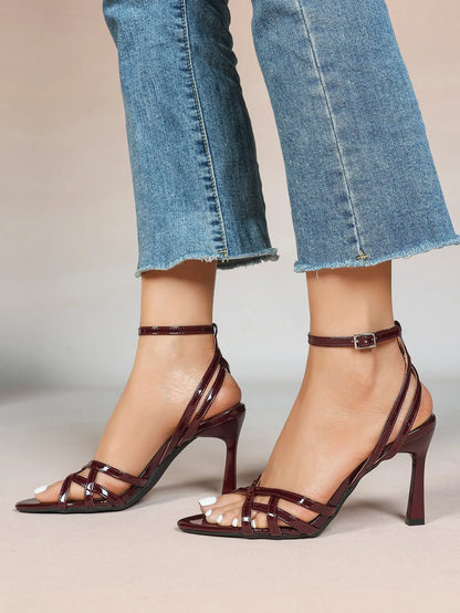 Leather Stiletto Heels for Women Open Pointed Toe Cross Ankle Strap Sandals for Wedding Party YISHIFAN