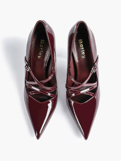 Burgundy Leather Stiletto Heels Sharp Pointed Toe Cross Strap Pump 4.13 INCH for Party Wedding Shoes YISHIFAN