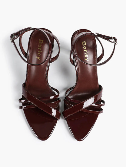 Brown Leather High-Heel Sandals  Cross Strap Stiletto Heels Wedding Party Dress Shoes YISHIFAN