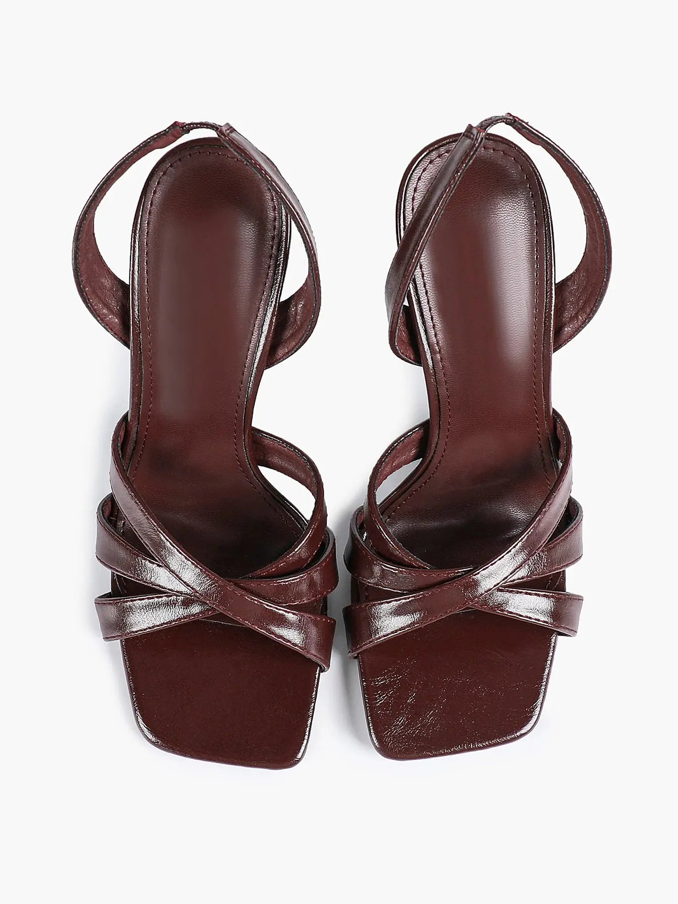 Women's White Leather Square-Toe Stiletto Heels Slingback Heels 3.74 Inch Cross-Strap Stiletto Sandals YISHIFAN