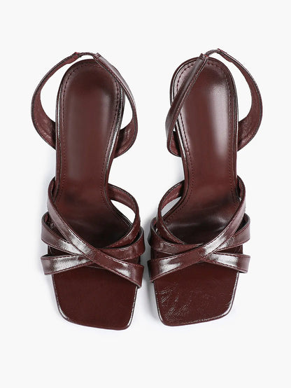 Women's White Leather Square-Toe Stiletto Heels Slingback Heels 3.74 Inch Cross-Strap Stiletto Sandals YISHIFAN