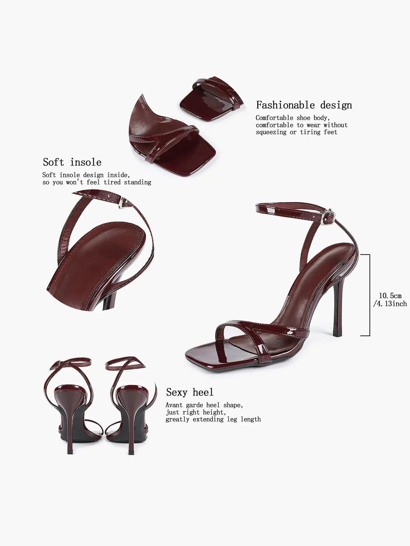 Women's Leather Adjustable Ankle Strap Stiletto Heels High Heels 4.13 Inch Heel Open Square Toe Sandals YISHIFAN