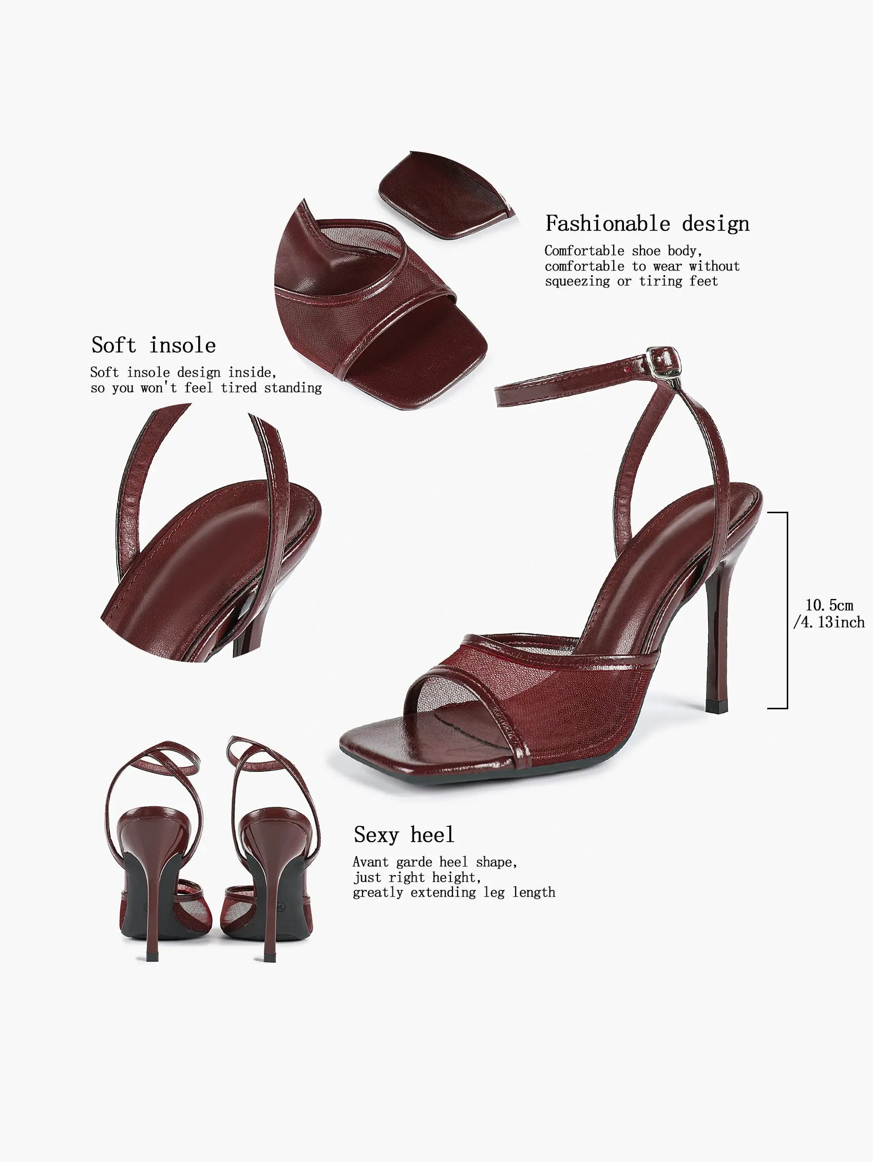Women's Leather Mesh Ankle Strap Sandals Stiletto Heels Square Toe with 4.13 Inch Heel YISHIFAN